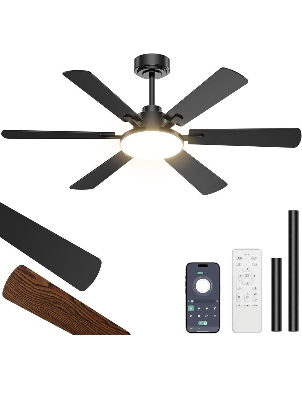 Modern 6-Blade LED Ceiling Fan in Black52" Ceiling Fan with Light Remote 6 Speed